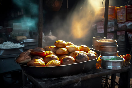 Street Food Delights: A Vendor s Stall with Golden Brown Bread Rolls in a Large Panの素材