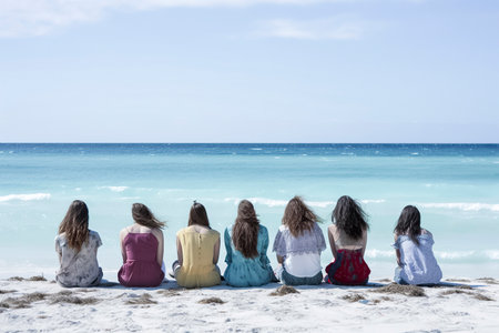 Serenity by the Sea: A Group of Girls Embracing the Ocean s Beautyの素材