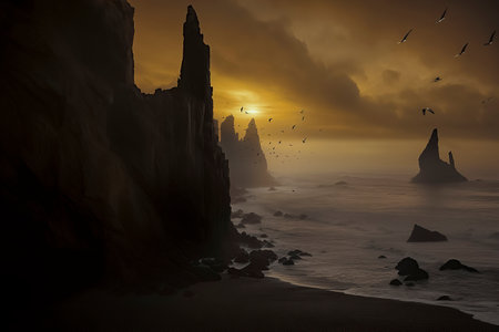 Sunset Serenity: Birds Soaring over a Rocky Coastlineの素材