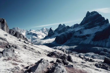 A Majestic View of Snow-Capped Mountains Under a Clear Blue Skyの素材