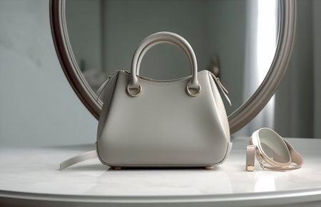 Elegance in Simplicity: A Gray Leather Handbag Paired with Gold-Rimmed Sunglassesの素材