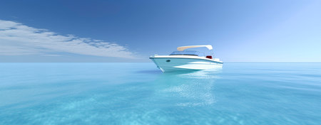 Sailing the Blue: A Modern Motorboat Cruising on Calm Ocean Watersの素材