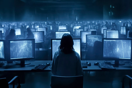 Immersed in the Digital World: A Woman Amidst Rows of Glowing Monitorsの素材