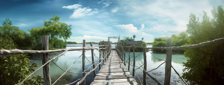 Journey to Serenity: A Wooden Bridge Leading to an Island Sanctuaryの素材
