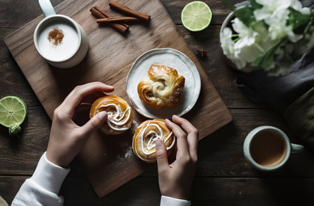 Cozy Breakfast Scene: Freshly Baked Cinnamon Rolls and Coffee on a Rustic Tableの素材
