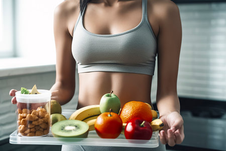 Unidentified Female Athlete: Balancing Fitness and Nutrition with a Fruit Trayの素材