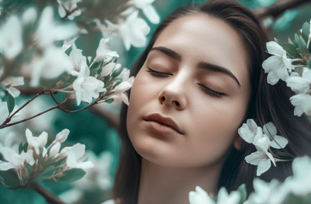 A Secret Garden: A pretty woman Face Veiled Amongst a Blossoming White Landscapeの素材