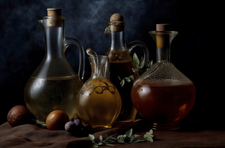 Artistic Display of Oil Bottles and Fresh Fruit in a Moody Atmosphereの素材