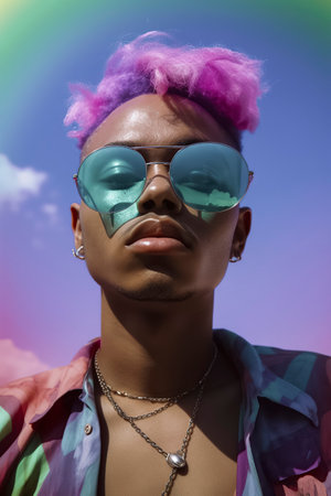 Rainbow Gradient Mystery: A Pink-Haired Individual Against a Blue Skyの素材