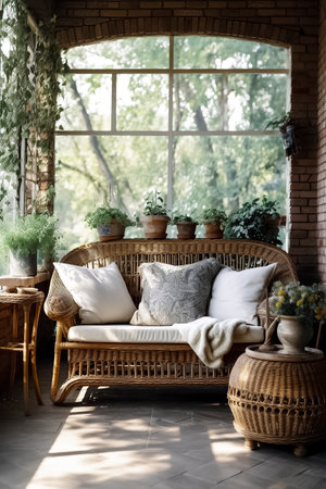 Indoor Oasis: A Peaceful Garden Corner with a Comfortable Wicker Couchの素材