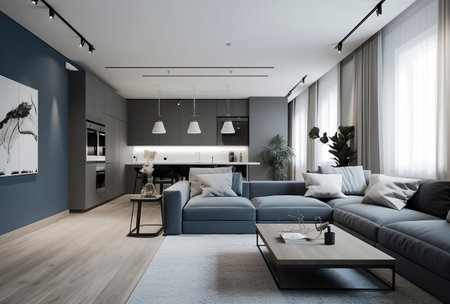 Contemporary Living Room with Blue Accents and Open Kitchen Conceptの素材