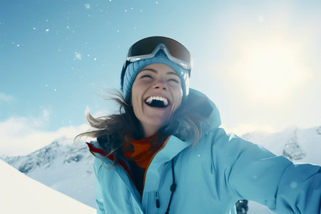 Snowy Summit Selfie: A Winter Sports Enthusiast Captures a Moment on the Mountain Topの素材