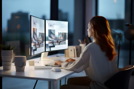 Modern Office Life: Woman Working at Desk with Multiple Computer Monitorsの素材