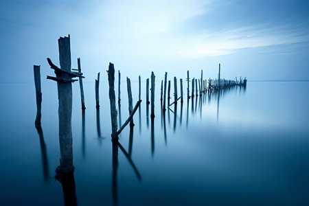 Serenity at Sea: Weathered Wooden Poles in a Calm Blue Oceanの素材