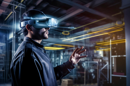 Futuristic Factory: Man Interacting with Virtual Interface in Industrial Settingの素材