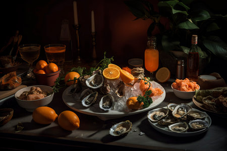 Seafood Extravaganza: A Luxurious Platter of Oysters and Shrimp Amidst Candlelightの素材
