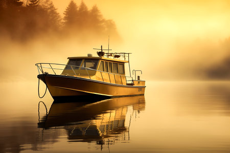 Peaceful Morning: A Small Motorboat Moored on a Calm Lakeの素材