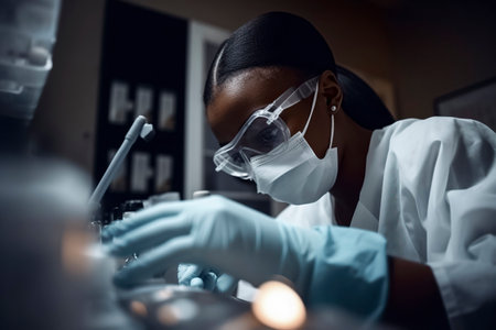In Pursuit of Science: A black woman Scientist Engaged in Laboratory Research with Test Tubes and Pipettesの素材