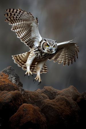 Flight of the Night Hunter: Great Horned Owl Swooping Over Rocky Terrainの素材