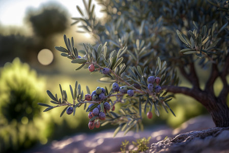 Golden Hour Harvest: Close-Up of Ripe Olives on a Tree Branch at Sunsetの素材