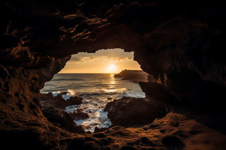 The Harmony of Earth and Sky: A Stunning Sunset Over the Ocean as Seen from a Caveの素材