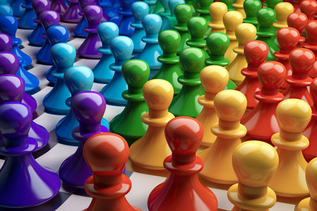 United Colors of Strategy: A Formation of Multicolored Chess Pawns Ready for Battleの素材
