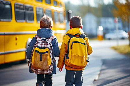 The Morning Routine: Young Students Walking Towards a Yellow School Busの素材