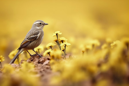 Nature s Songbird: A Sparrow Perched Amidst a Sea of Yellow Daisiesの素材