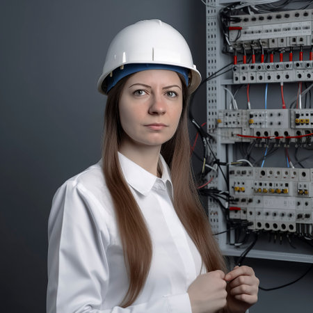 In the Heart of Technology: A Worker in a Hard Hat Navigates a Server Rackの素材