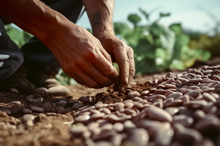 Nurturing Life: A Farmer s Hands Planting Seeds in a Field of Beansの素材