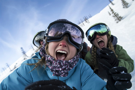 Winter Sports Enthusiasts Taking a Selfie Amidst the Snow-Covered Slopesの素材
