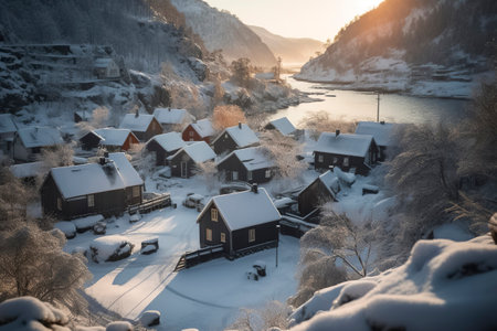Winter Wonderland: A Snowy Village Nestled in a Mountain Valleyの素材