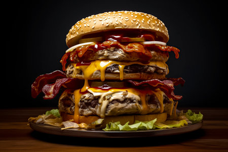Mouth-Watering Double Bacon Cheeseburger on a Rustic Wooden Plateの素材
