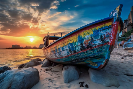 Colorful Boat at Rest: A Vibrant Display on a Rocky Shore at Sunsetの素材