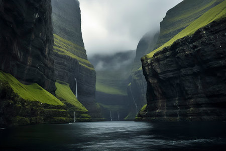 Majestic Beauty: Misty Day in the Faroe Islands with Towering Cliffs and Waterfallsの素材