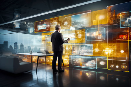 Futuristic Office Space: Man Interacting with Multiple High-Tech Screens in a Modern Settingの素材