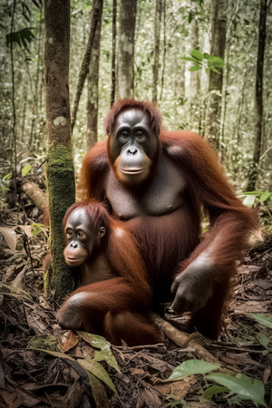 In the Heart of the Jungle: An Orangutan Resting Amidst the Treesの素材