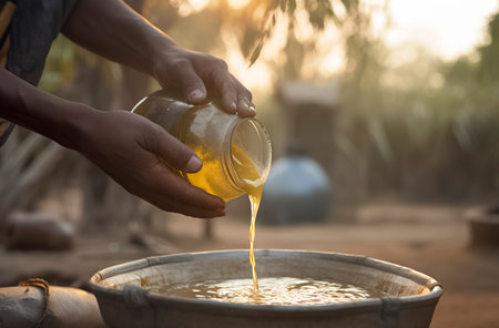 Sweet Harvest: Pouring Honey into a Pot Amidst the Serenity of a Rural Settingの素材