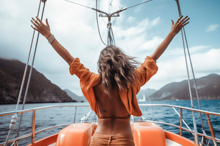 woman on a boat, arms raised, facing the ocean and mountains, evoking a sense of adventureの素材