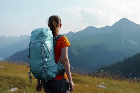 young woman with a backpack, standing on a mountain trail, looking at the view of foggy mountainsの素材
