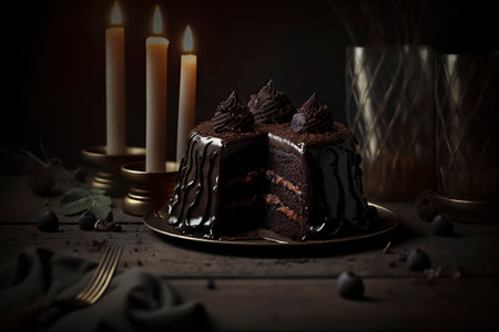 chocolate cake with frosting on a plate, with lit candles and dried flowers in the backgroundの素材