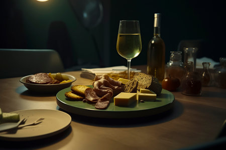 a charcuterie board with various meats, cheeses, and breads, accompanied by a glass of white wine and a bottle in the backgroundの素材