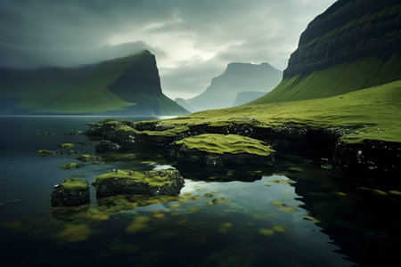 beautiful landscape with tall, steep mountains, a deep blue lake, vibrant greenery, and a cloudy gray skyの素材