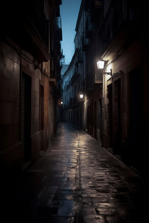 a narrow, cobblestone street at night, wet from rain, lined with old buildings, under the glow of street lampsの素材