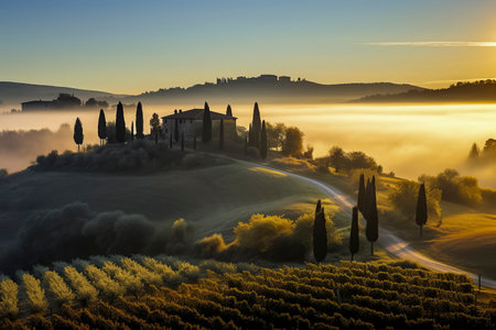 beautiful sunrise over a foggy Tuscan landscape with a villa, cypress trees, and distant rolling hillsの素材