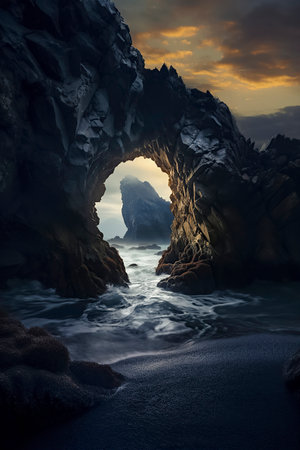rocky archway on a beach, with a view of the ocean and a sunset in the backgroundの素材
