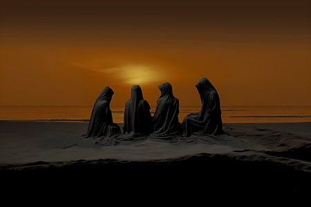 four figures in black robes sitting on a beach at sunset, facing the oceanの素材