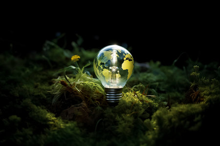 a lightbulb with a world map on it, resting on a bed of moss and rocksの素材