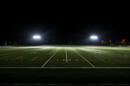 an empty football field at night, brightly lit by stadium lights, with white lines and numbers marking the fieldの素材