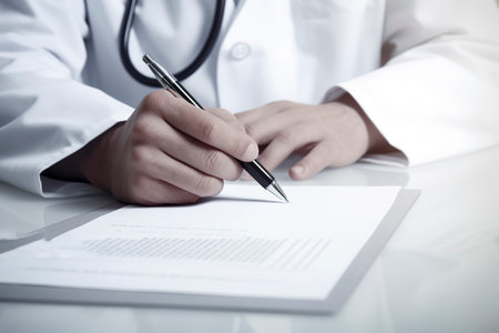 doctor s hands, clad in a white coat, holding a pen and writing on a paper on a clipboard, set against a blurred medical office backgroundの素材